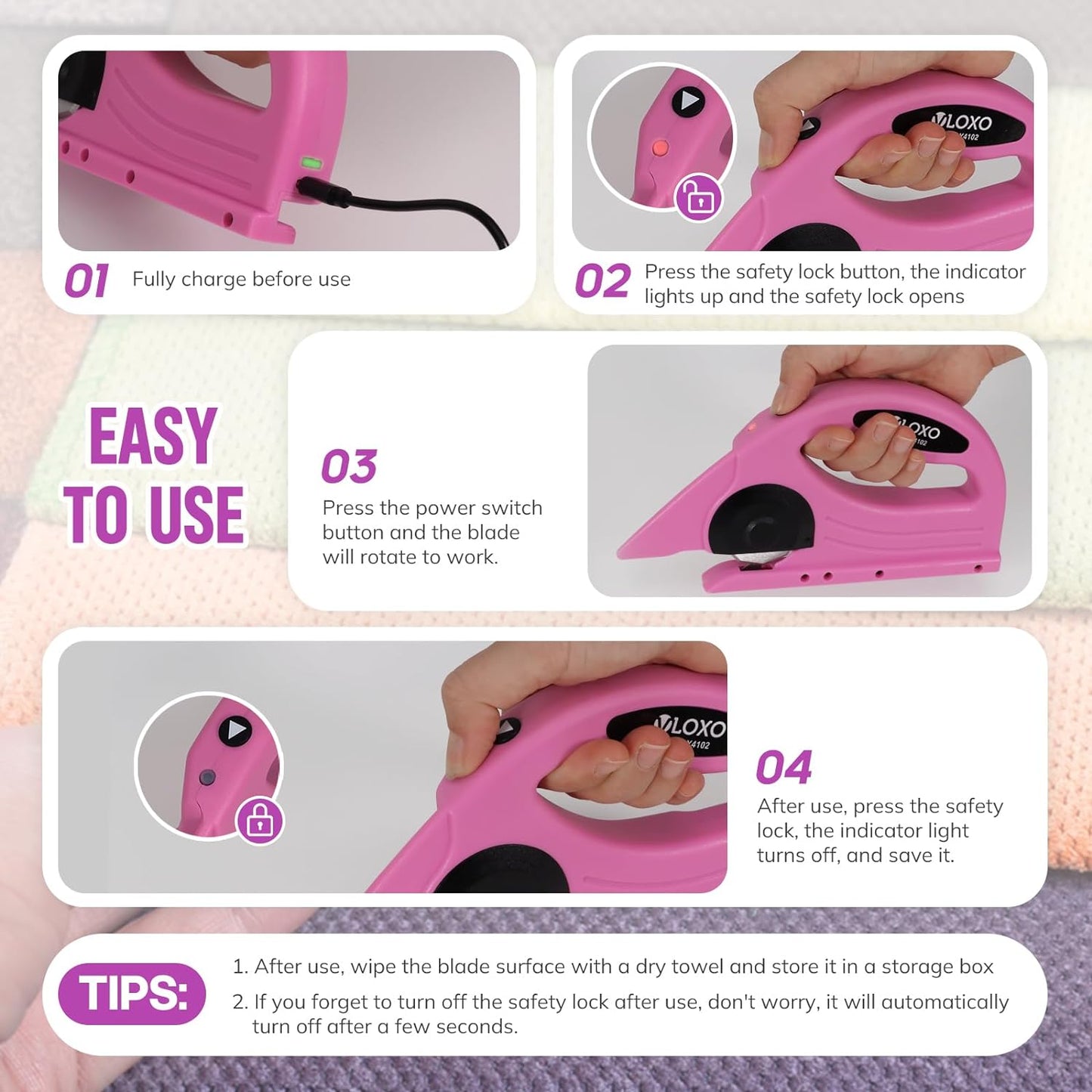 VLOXO 4V Cordless Electric Rotary Scissors with Safety Lock Rechargeable Rotary Cutter for Fabric Cardboard Leather Canvas Paper