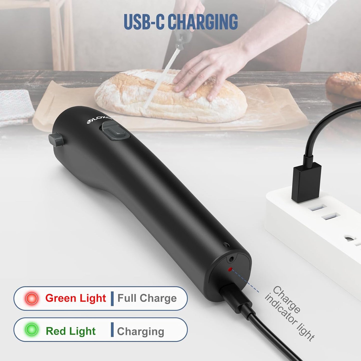 VLOXO Handheld Cordless Rechargeable Electric Knife with 2 Blades for Carving Meat Bread Steak Fish Fillet Cheese
