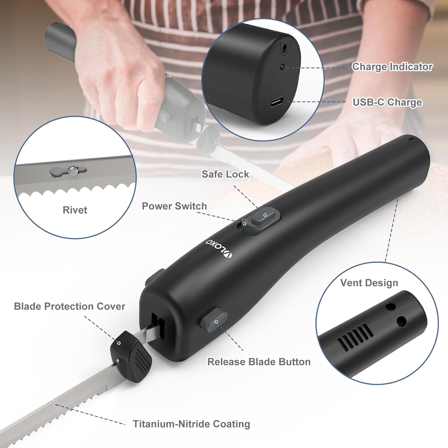 VLOXO Handheld Cordless Rechargeable Electric Knife with 2 Blades for Carving Meat Bread Steak Fish Fillet Cheese