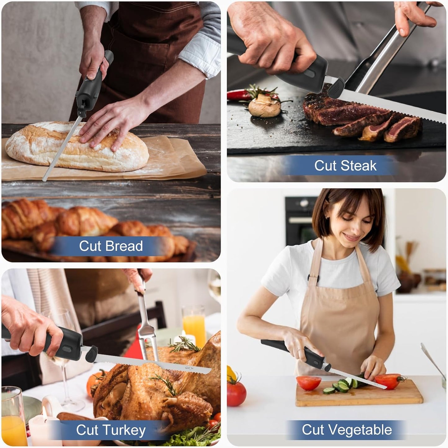 VLOXO Handheld Cordless Rechargeable Electric Knife with 2 Blades for Carving Meat Bread Steak Fish Fillet Cheese