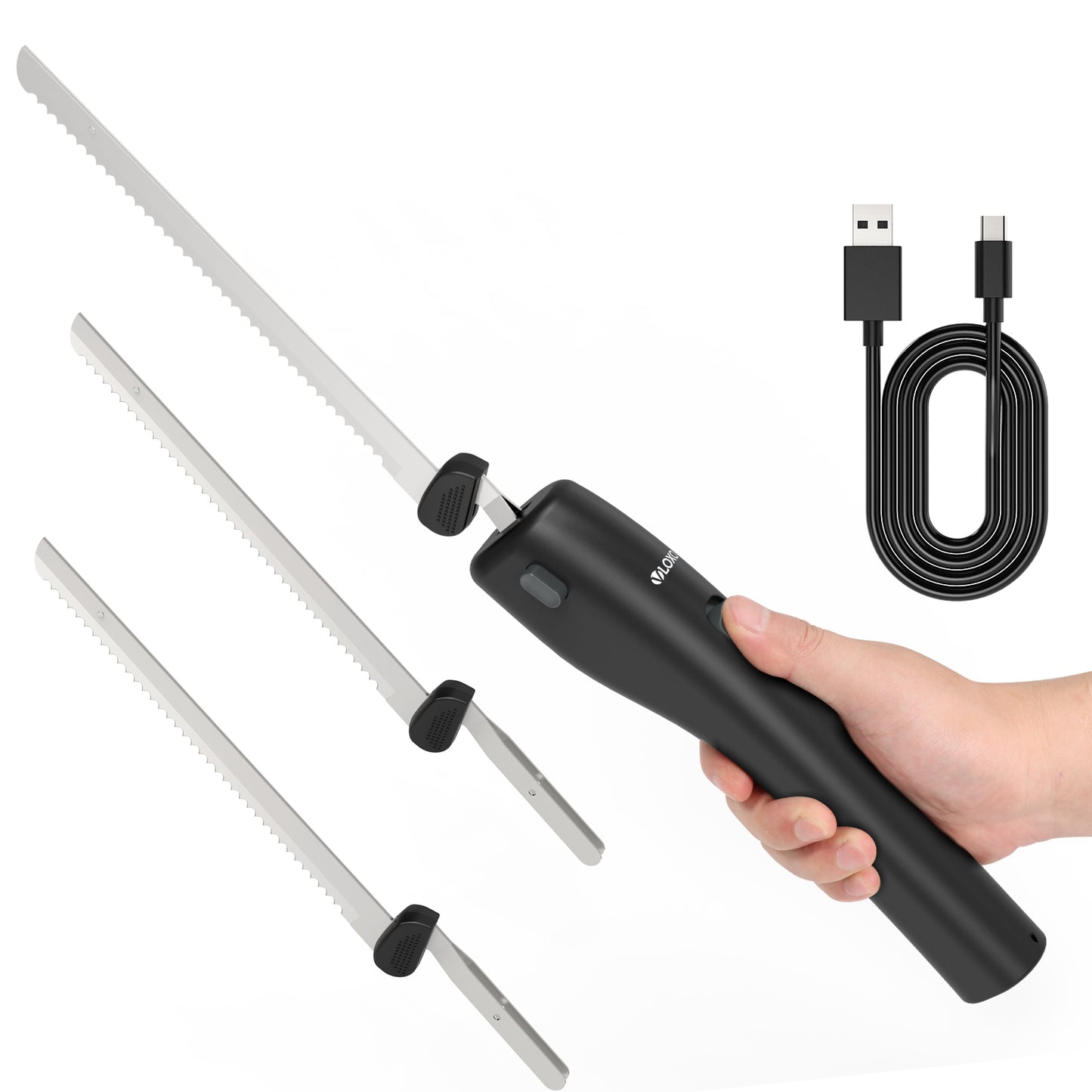 VLOXO Handheld Cordless Rechargeable Electric Knife with 2 Blades for Carving Meat Bread Steak Fish Fillet Cheese