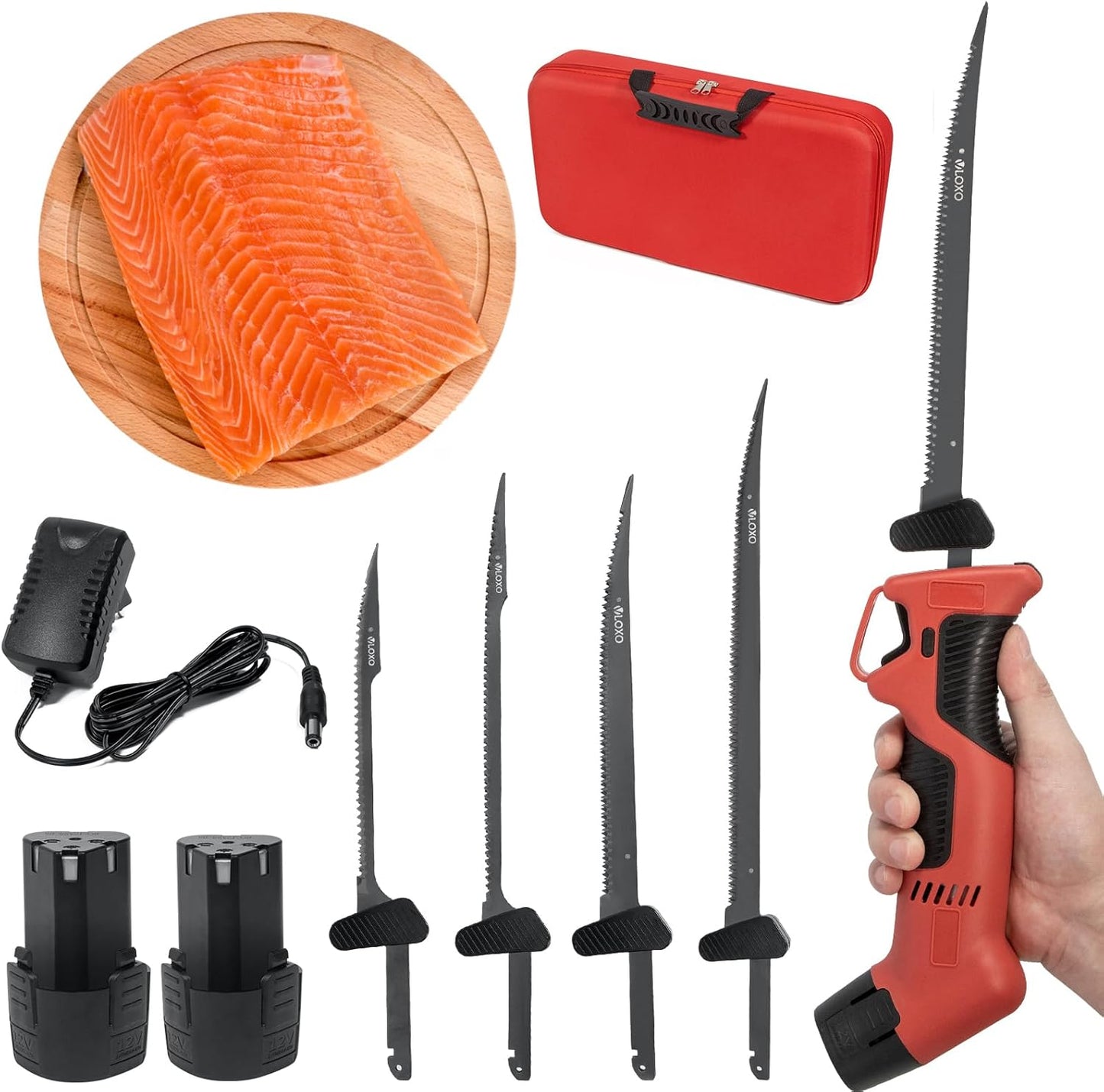 VLOXO Electric Fillet Knife with 4 Ti-Nitride S.S. Coated Non-Stick Blades Rechargeable Electric Knife with Safe Lock for Fishing