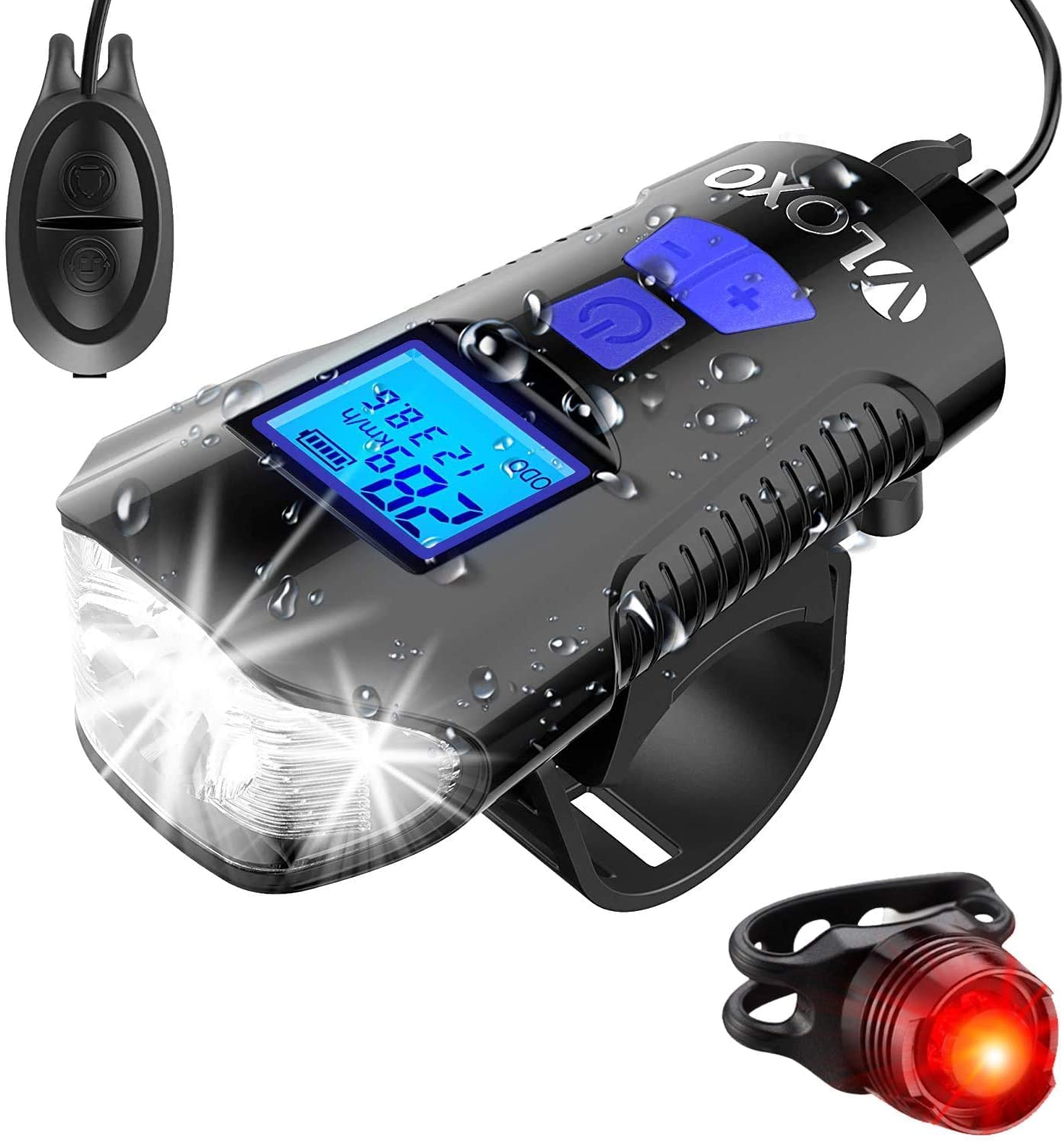 VLOXO Bike Speedometer with LED Bike Front Light & Tail Light IPX7 Waterproof USB Rechargeable
