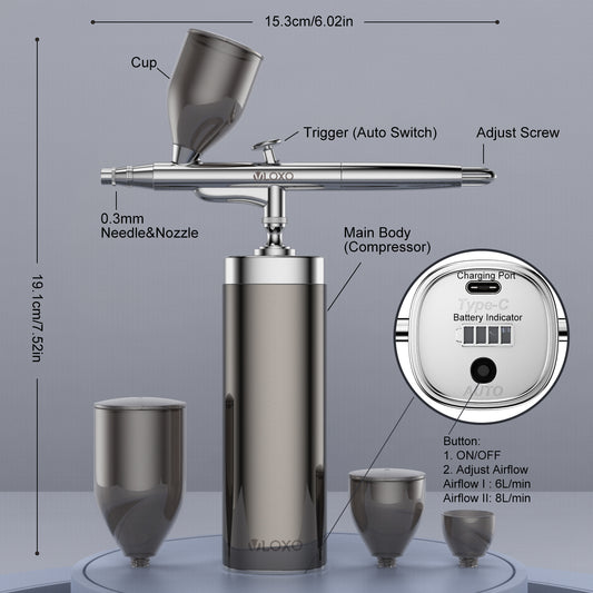 VLOXO Cordless 32PSI Upgraded Airbrush Kit with Compressor Dual-action Airbrush Kit for Painting, Model Coloring, Craft Art