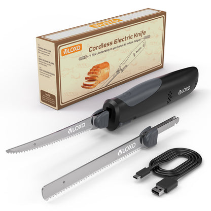 VLOXO Cordless Electric Knife, Rechargeable Carving Knife with 2 Blades for Meat, Bread & Turkey
