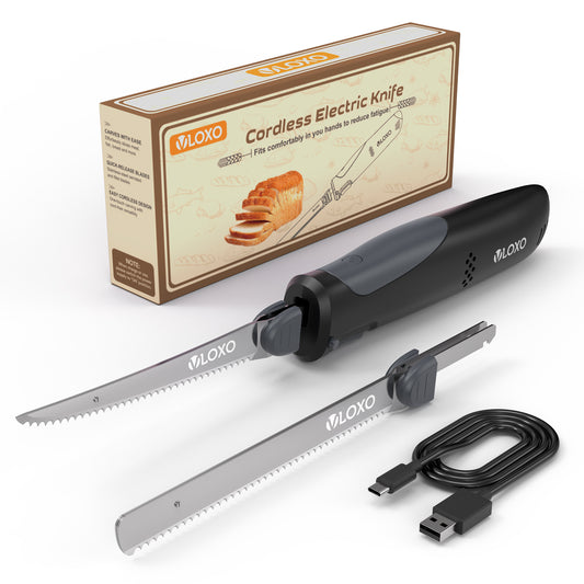 VLOXO Cordless Electric Knife, Rechargeable Carving Knife with 2 Blades for Meat, Bread & Turkey