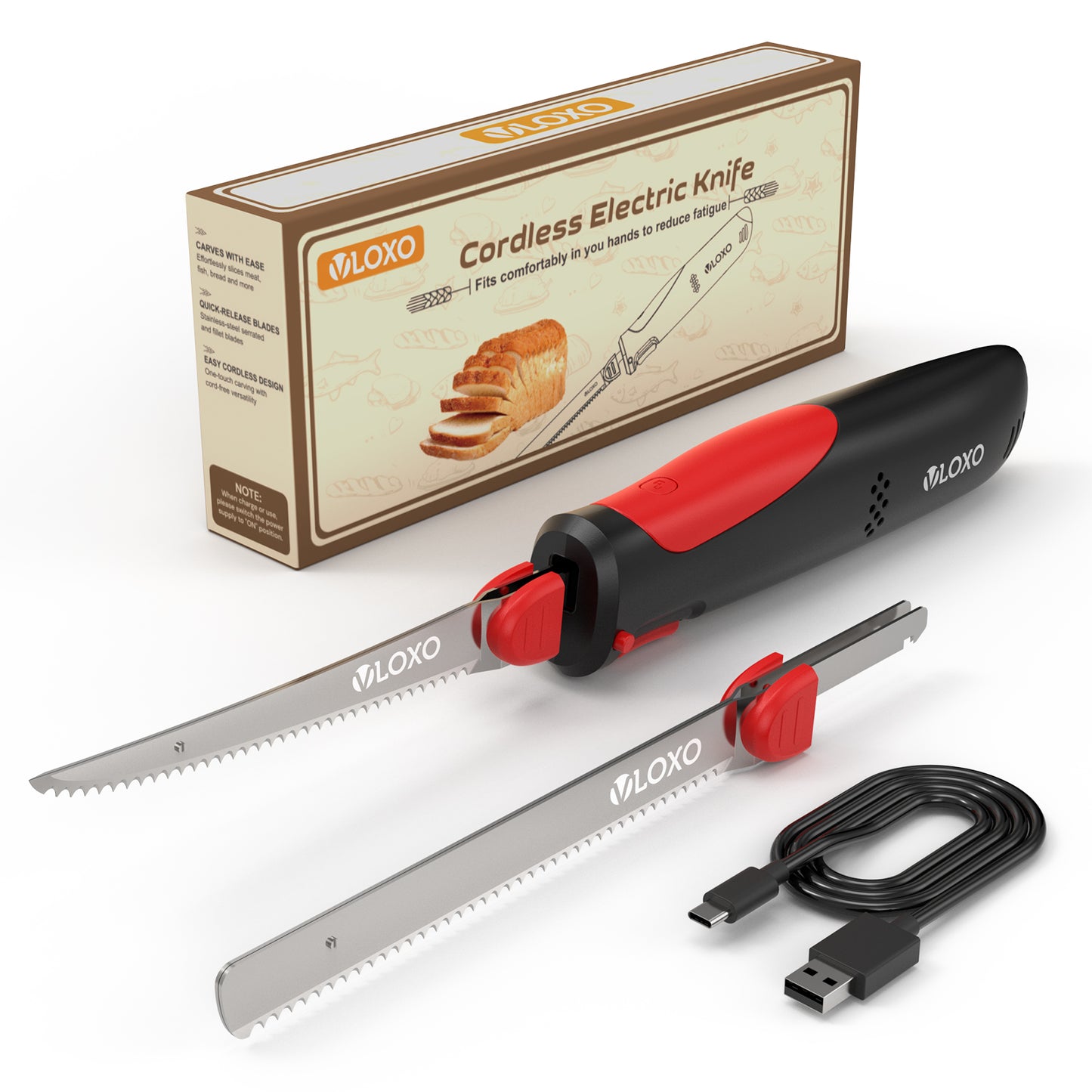 VLOXO Cordless Electric Knife, Rechargeable Carving Knife with 2 Blades for Meat, Bread & Turkey