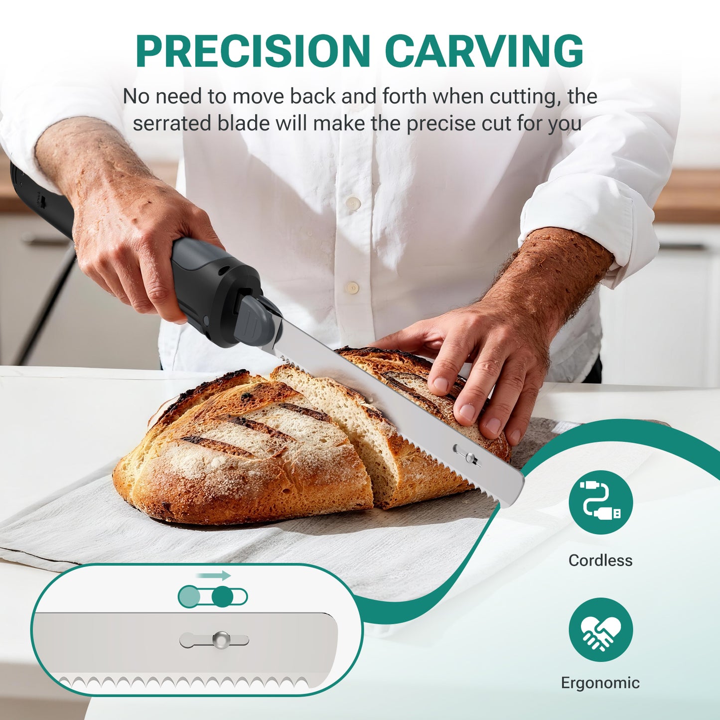 VLOXO Cordless Electric Knife, Rechargeable Carving Knife with 2 Blades for Meat, Bread & Turkey