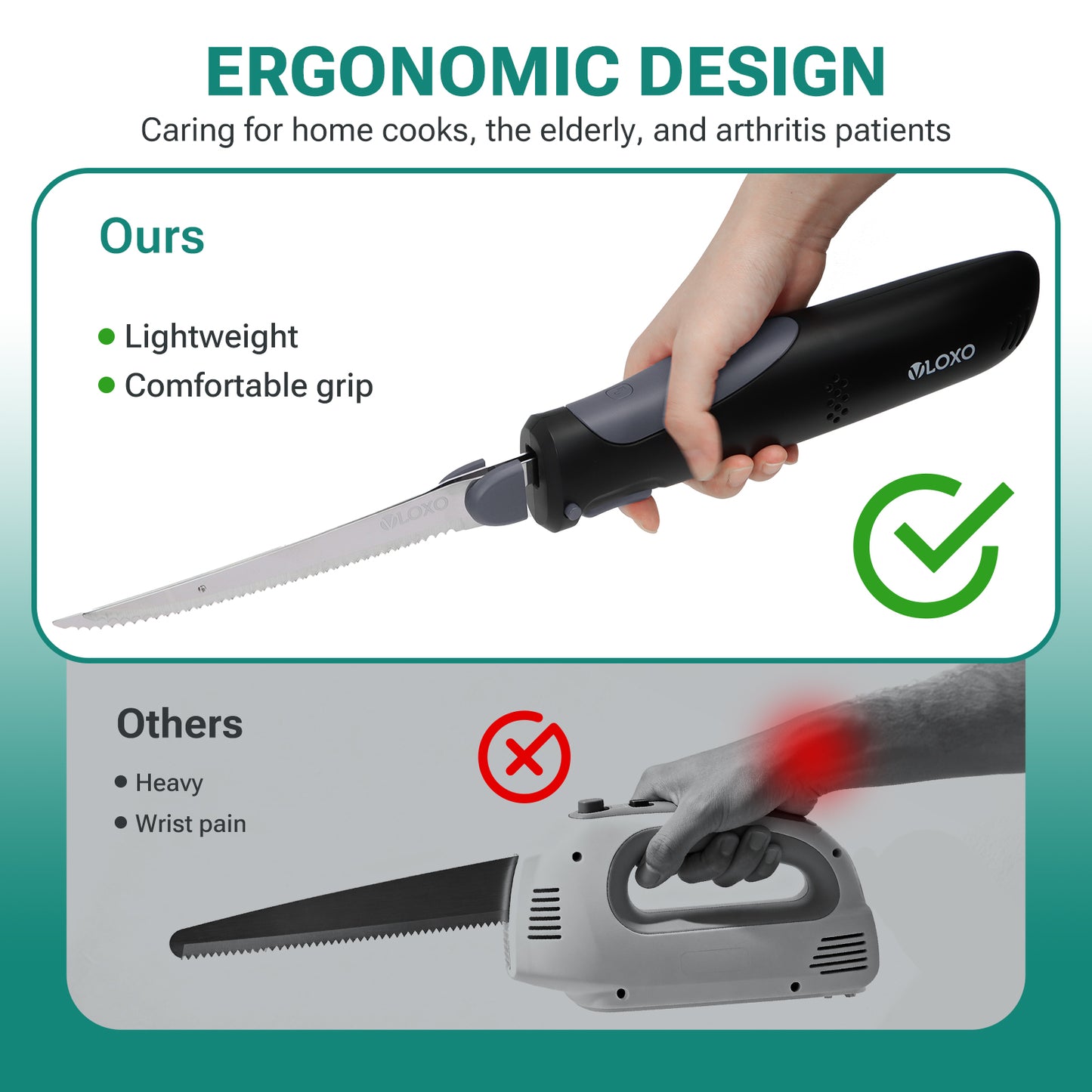 VLOXO Cordless Electric Knife, Rechargeable Carving Knife with 2 Blades for Meat, Bread & Turkey