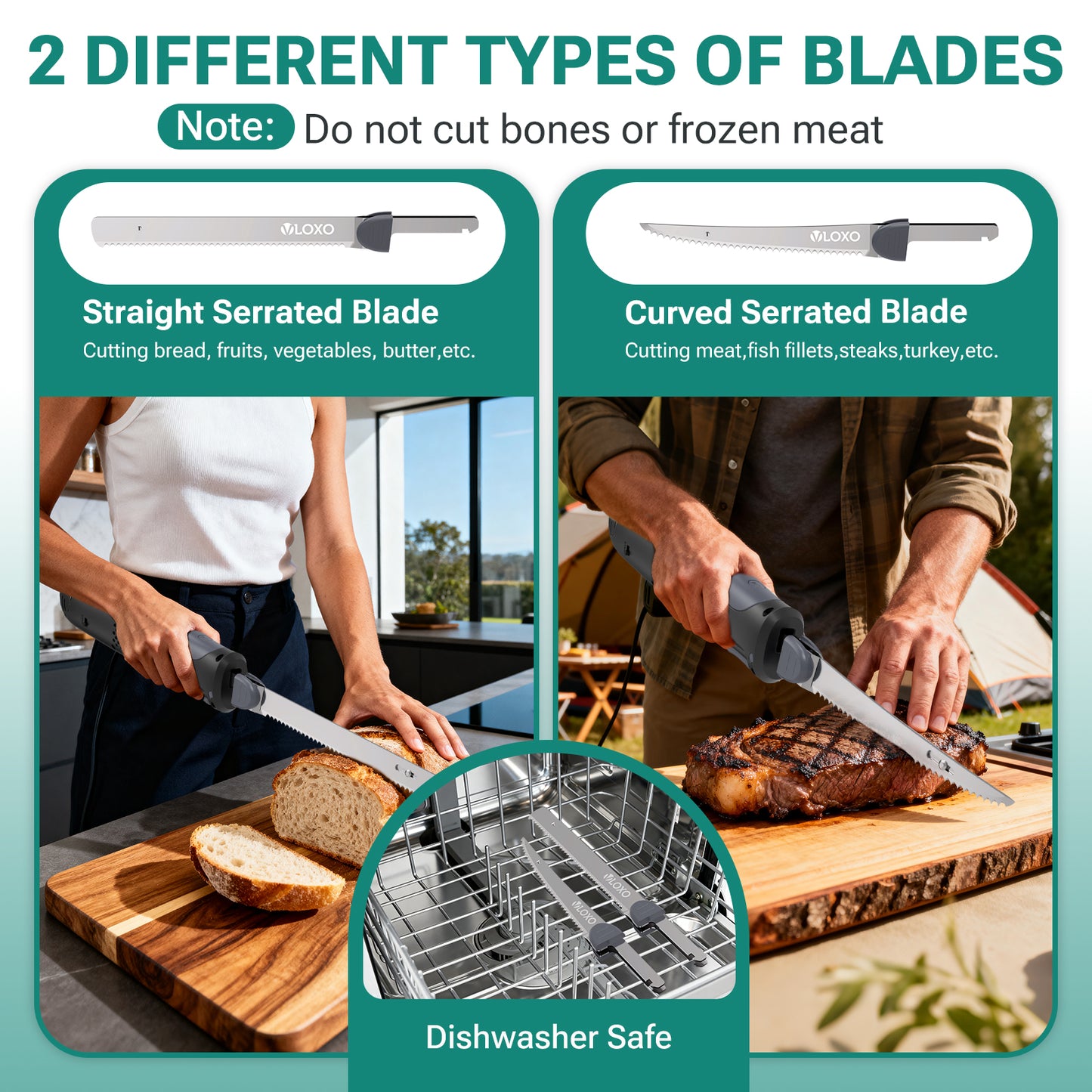 VLOXO Cordless Electric Knife, Rechargeable Carving Knife with 2 Blades for Meat, Bread & Turkey