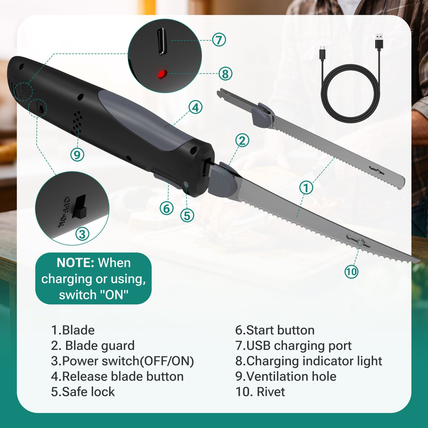 VLOXO Cordless Electric Knife, Rechargeable Carving Knife with 2 Blades for Meat, Bread & Turkey