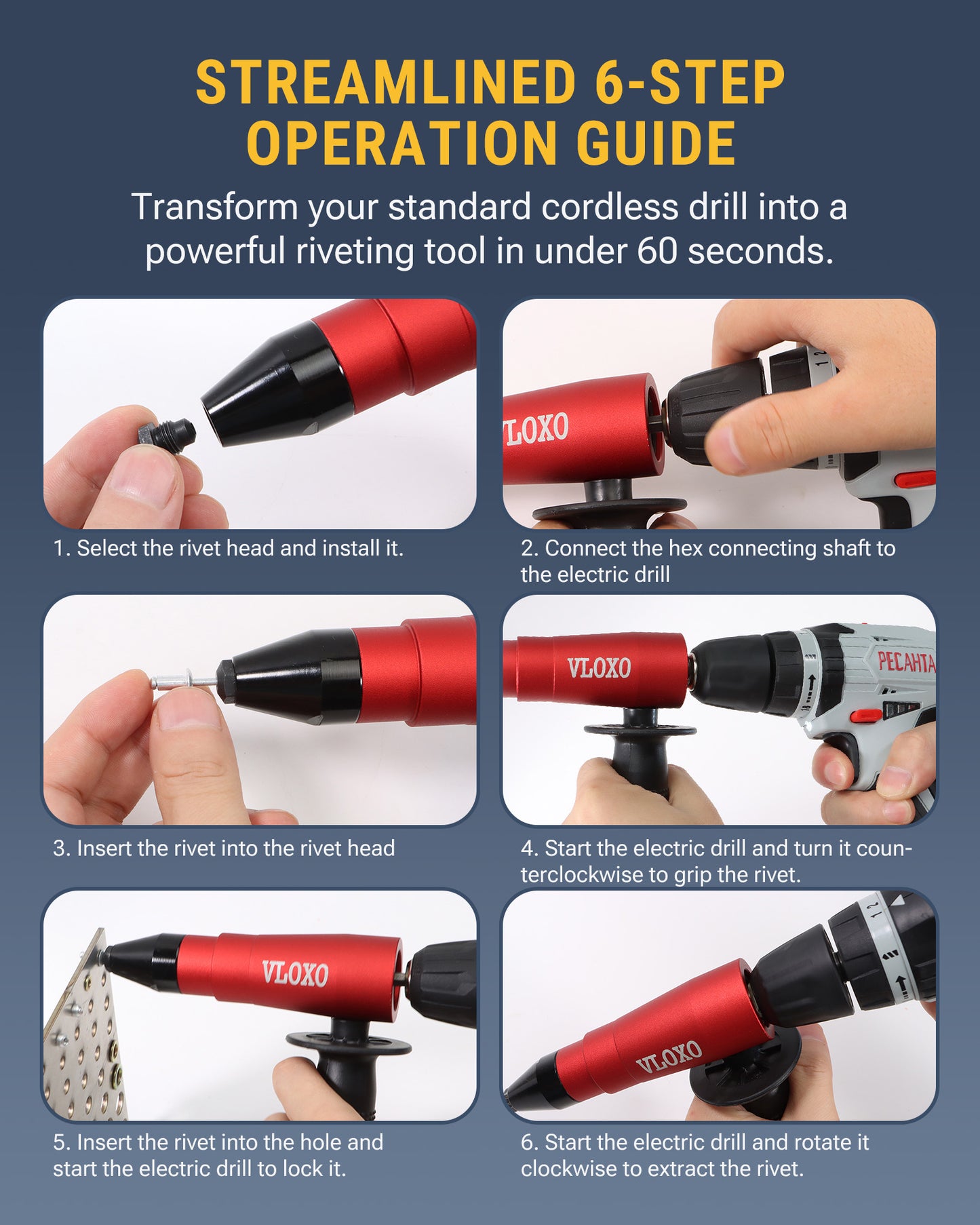 VLOXO Rivet Gun Adapter for Drill Kit Operation Guide 