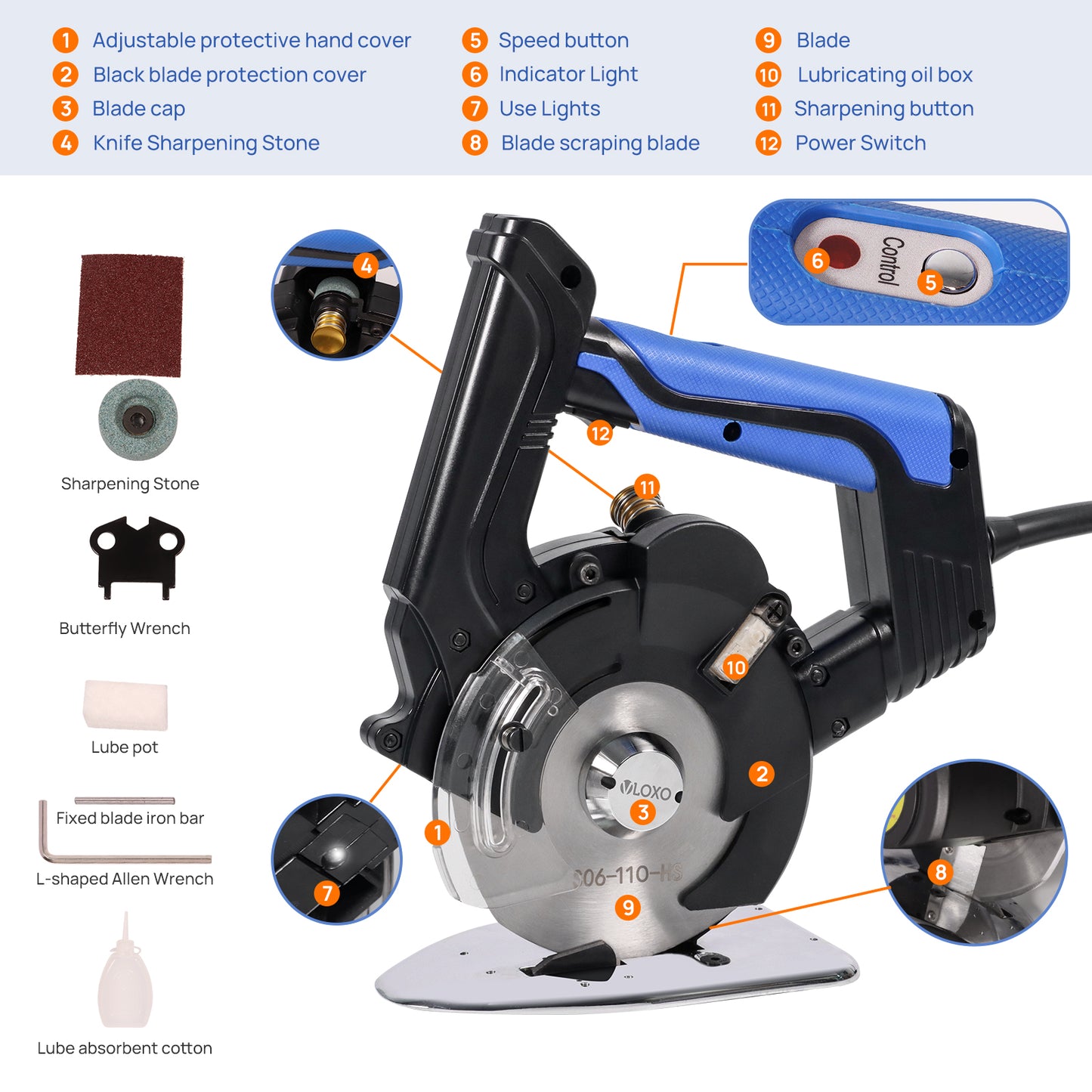 VLOXO Electric Fabric Rotary Cutter Cloth Cutting Machine for Cloth Textiles Paper Leather Rubber Carpet etc.