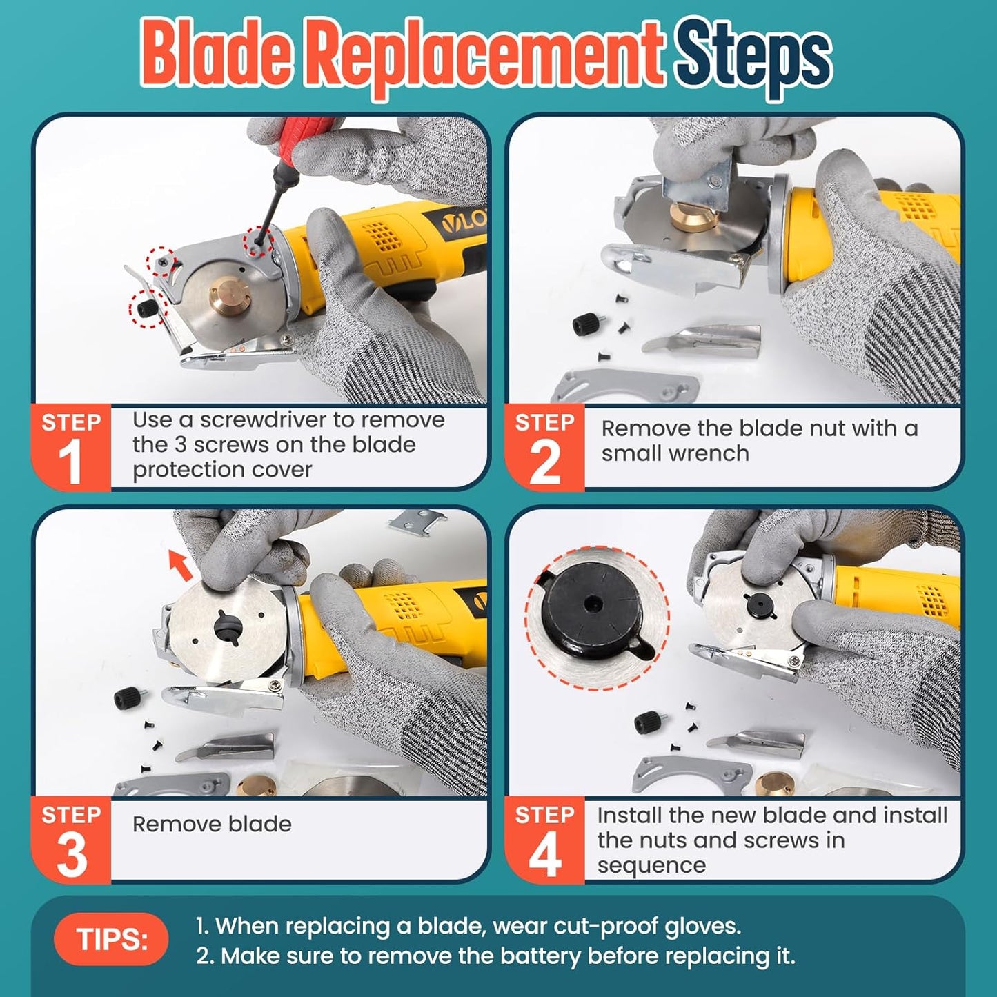 VLOXO 6070 Electric Rotary Cutter Original Replacement Blades – 70mm Alloy Steel Blades for Power Fabric Cutter 2 Pack