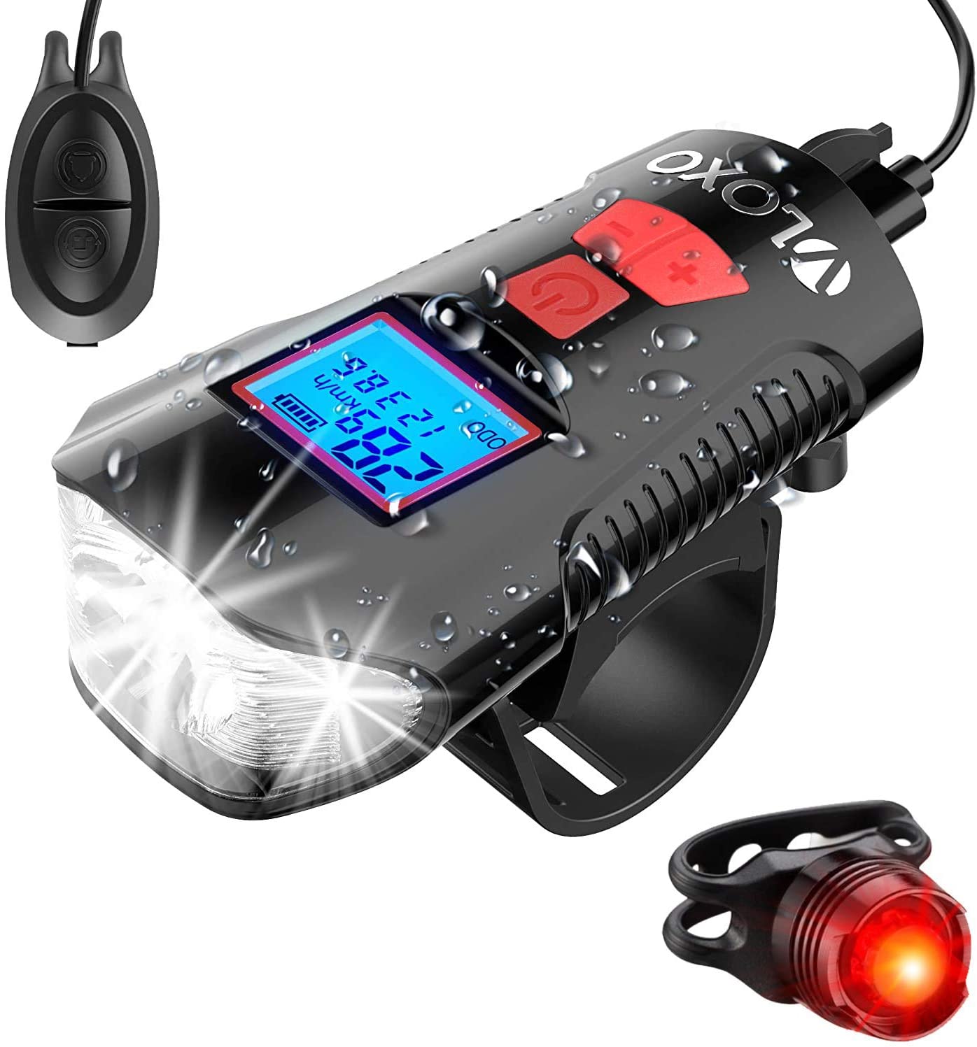 VLOXO Bike Speedometer with LED Bike Front Light & Tail Light IPX7 Waterproof USB Rechargeable