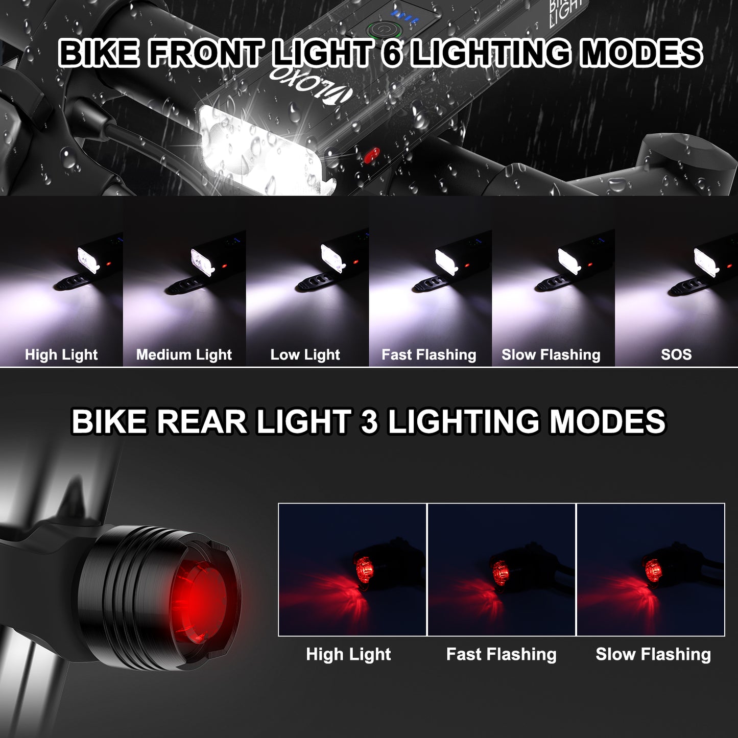 VLOXO Bike Lights Set, 5200mAh USB Rechargeable Bicycle Lamp 6 Lighting Modes