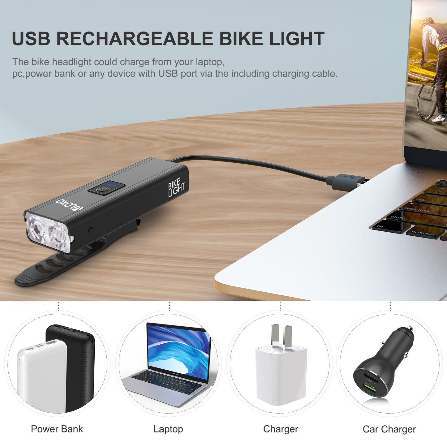 VLOXO Bike Lights Set, 5200mAh USB Rechargeable Bicycle Lamp 6 Lighting Modes