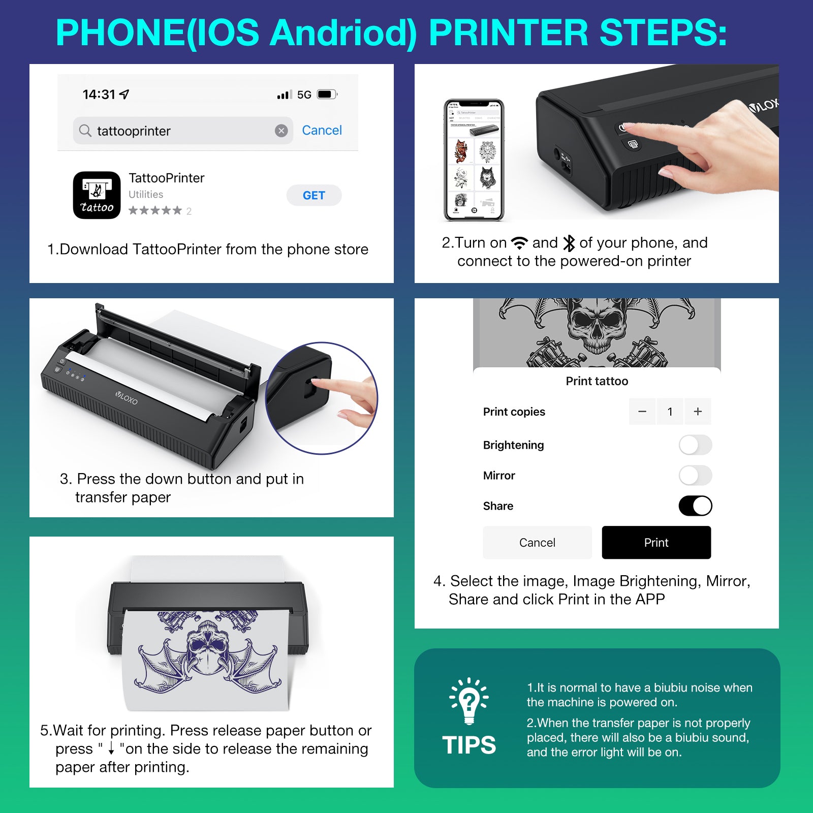 Calicon Portable Tattoo Stencil Printer Cordless Tattoo Transfer Thermal  Copier Machine Rechargeable Mini Printer with Free 10pcs Transfer Paper  Compatible with iOS&Android Phone(2023 New Version) Black