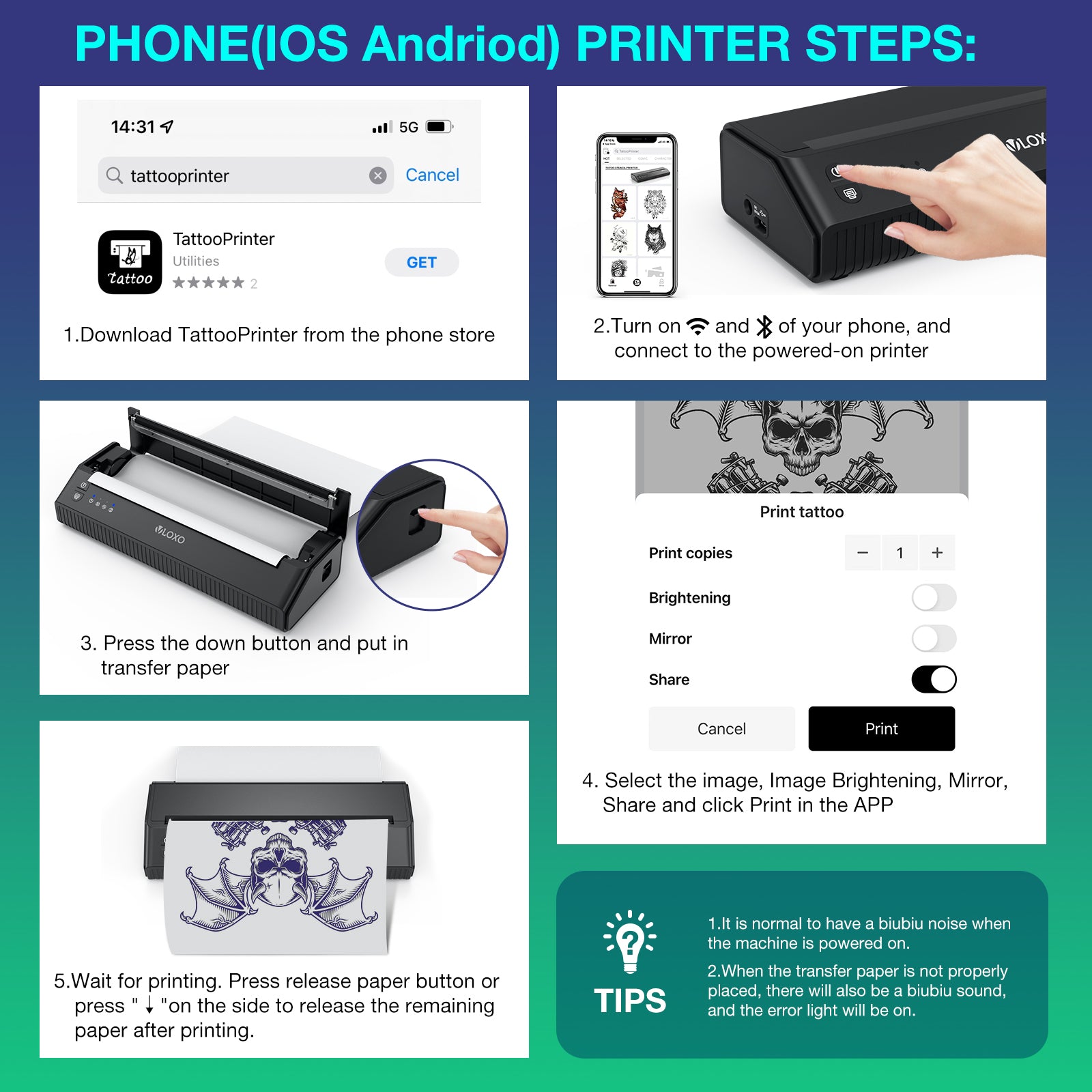 Wireless Bluetooth/USB Thermal Tattoo Stencil Transfer Printer