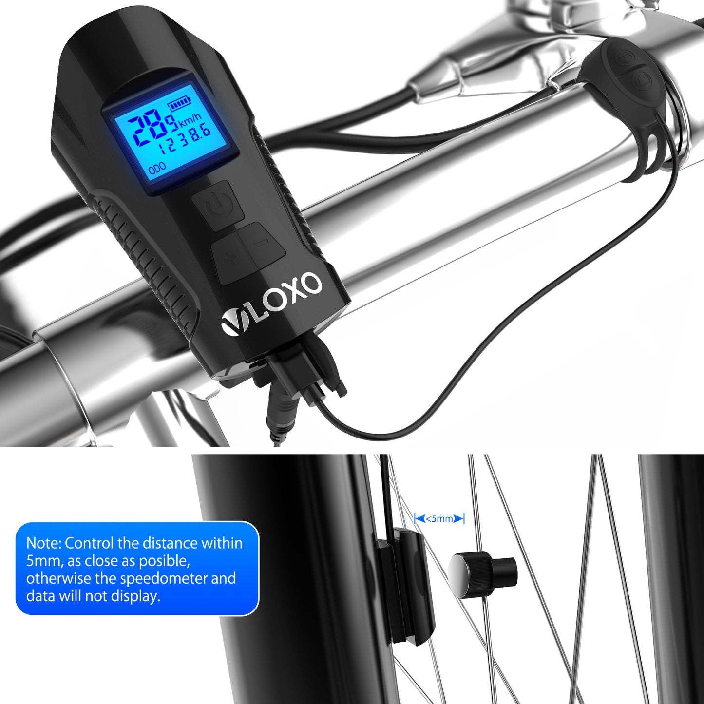 VLOXO Bike Speedometer with LED Bike Front Light & Tail Light IPX7 Waterproof USB Rechargeable